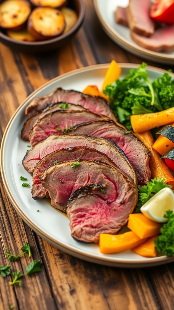 Sliced air fryer London broil served with roasted vegetables on a rustic table.
